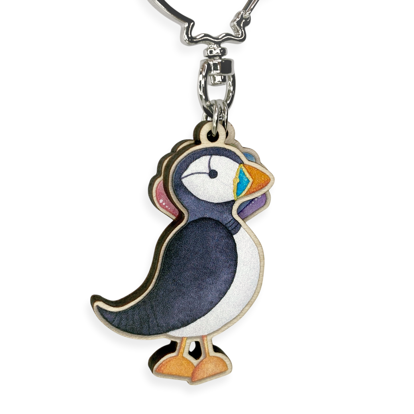 Wooden Keyring - Puffin and Shell - Maple Wood Key Chain with Shell Clasp