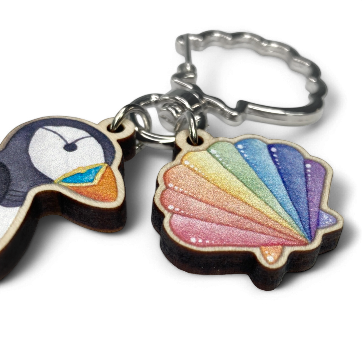 Wooden Keyring - Puffin and Shell - Maple Wood Key Chain with Shell Clasp