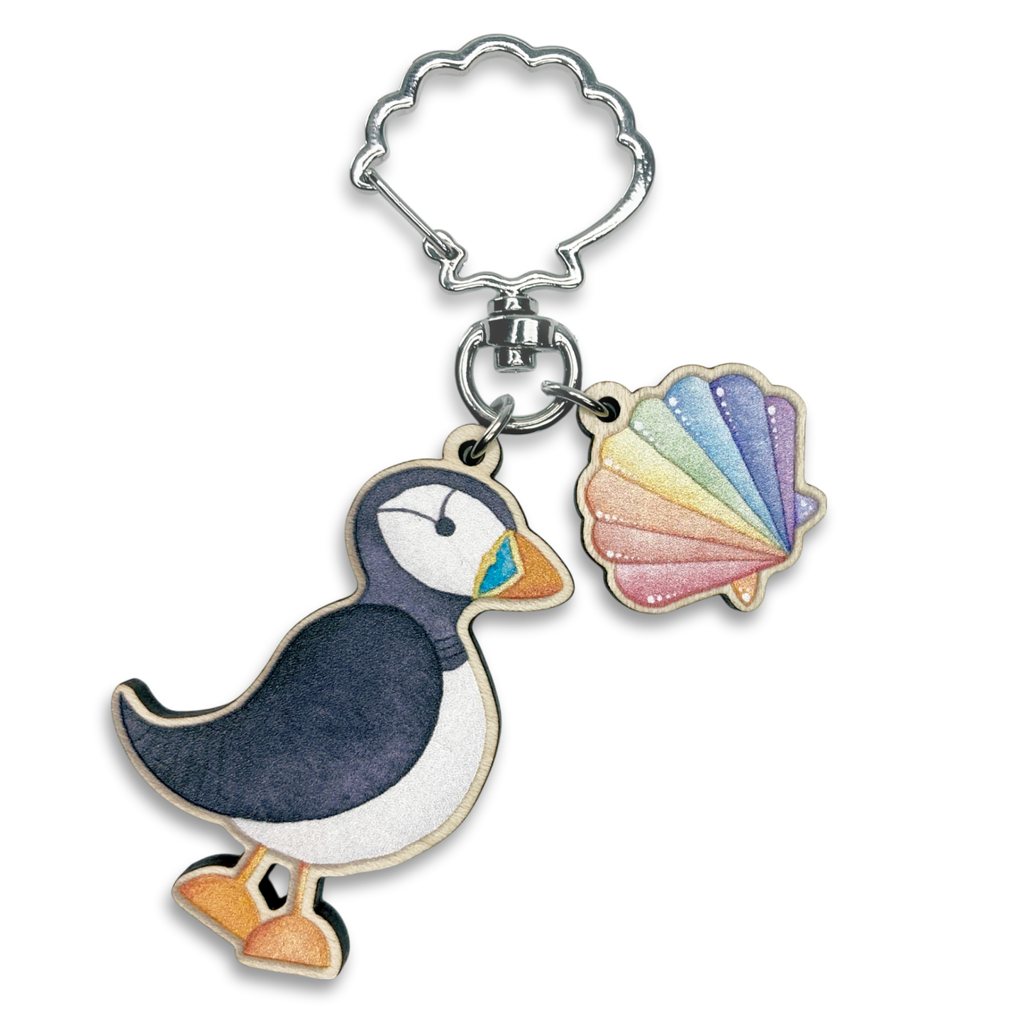 Wooden Keyring - Puffin and Shell - Maple Wood Key Chain with Shell Clasp