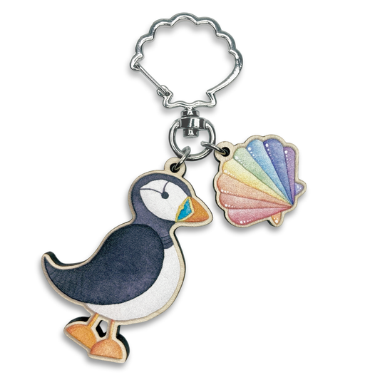 Wooden Keyring - Puffin and Shell - Maple Wood Key Chain with Shell Clasp