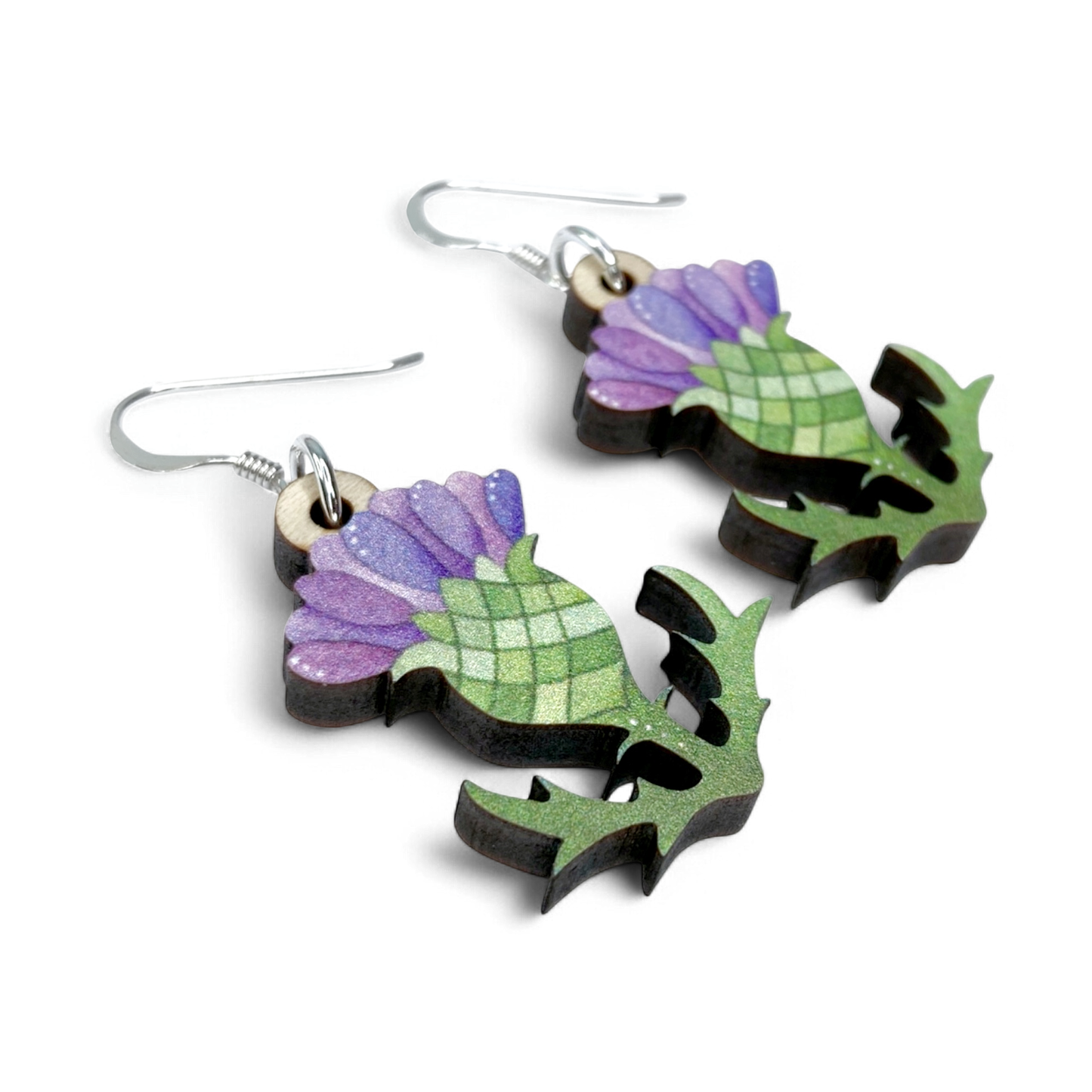 Wooden Earrings - Thistle - Sterling Silver and Maple Wood