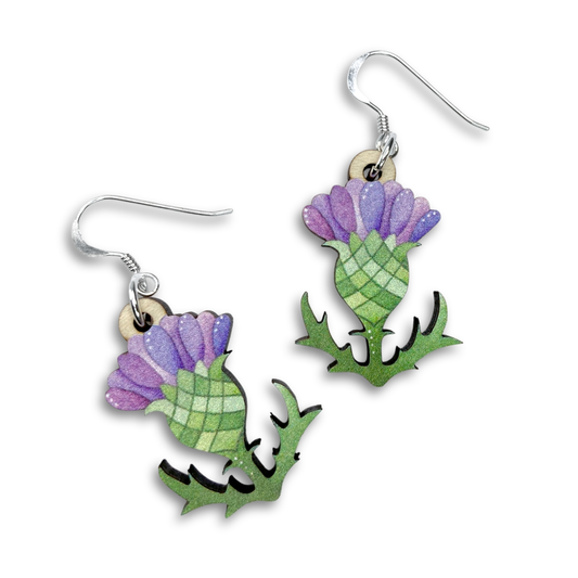 Wooden Earrings - Thistle - Sterling Silver and Maple Wood