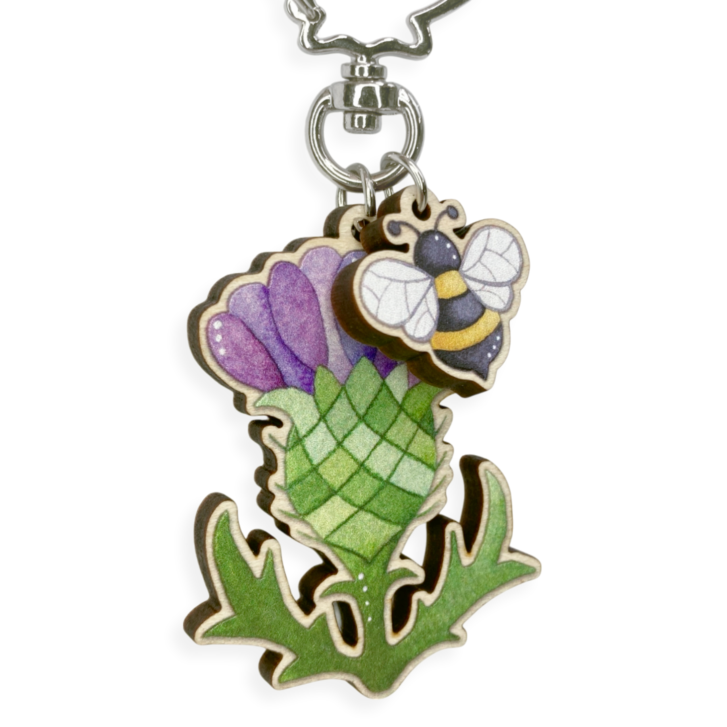 Wooden Keyring - Thistle and Bee - Maple Wood Key Chain with Shell Clasp