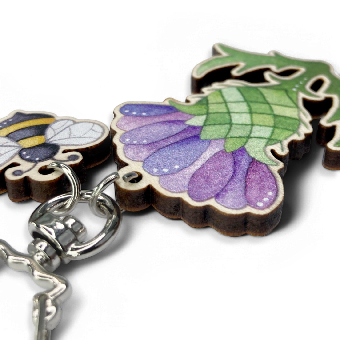 Wooden Keyring - Thistle and Bee - Maple Wood Key Chain with Shell Clasp