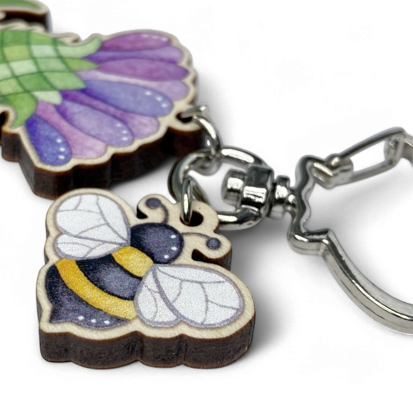 Wooden Keyring - Thistle and Bee - Maple Wood Key Chain with Shell Clasp