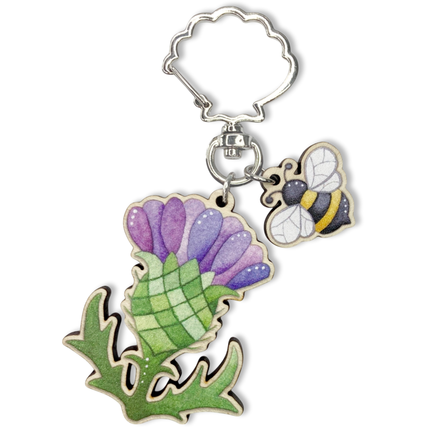 Wooden Keyring - Thistle and Bee - Maple Wood Key Chain with Shell Clasp