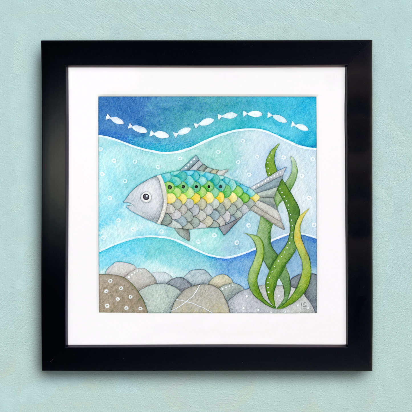 Framed Seaside Print - Underwater Fish Twait Shad - Watercolour Painting