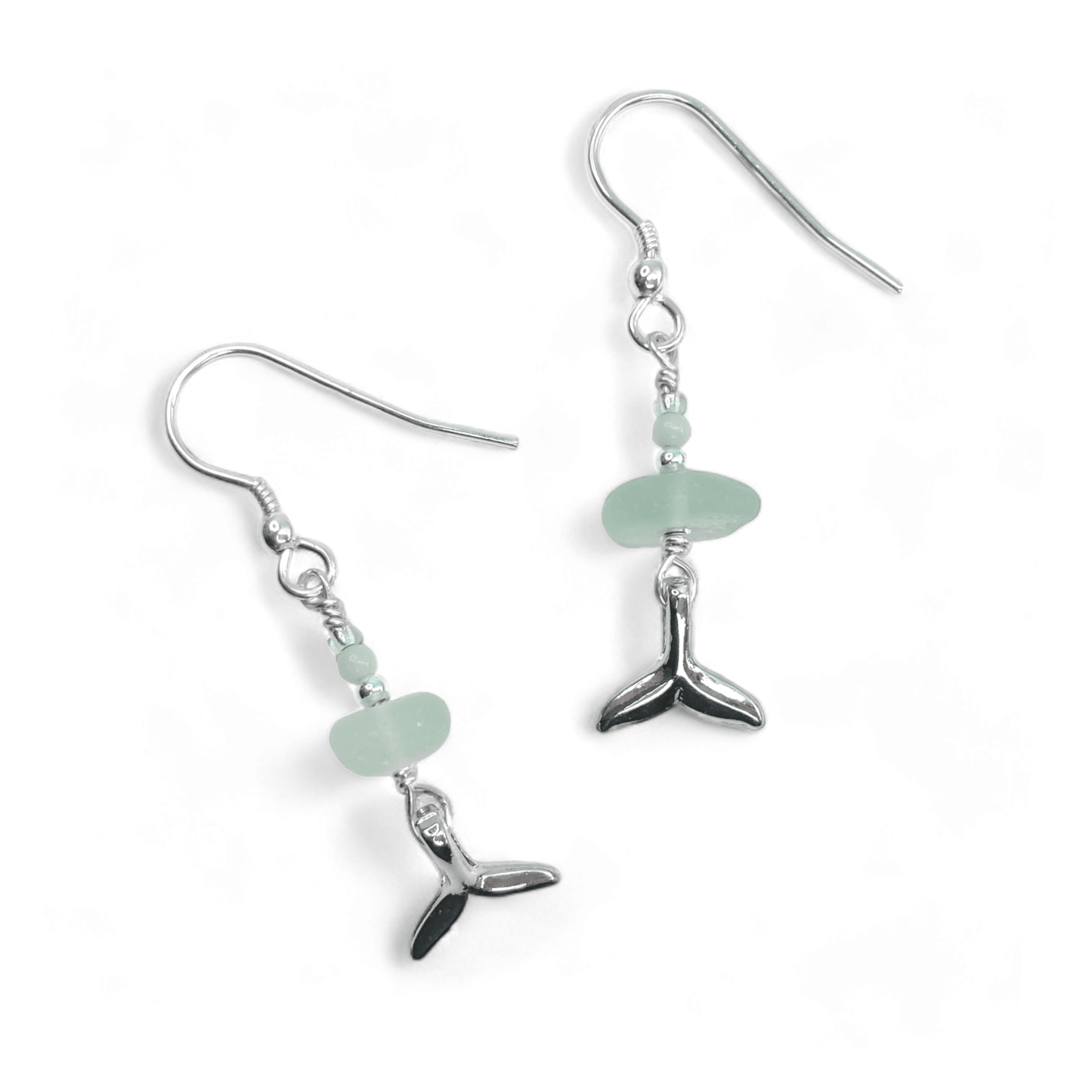 Whale Tail Earrings - Green Sea Glass and Amazonite Sterling Silver Jewellery - East Neuk Beach Crafts