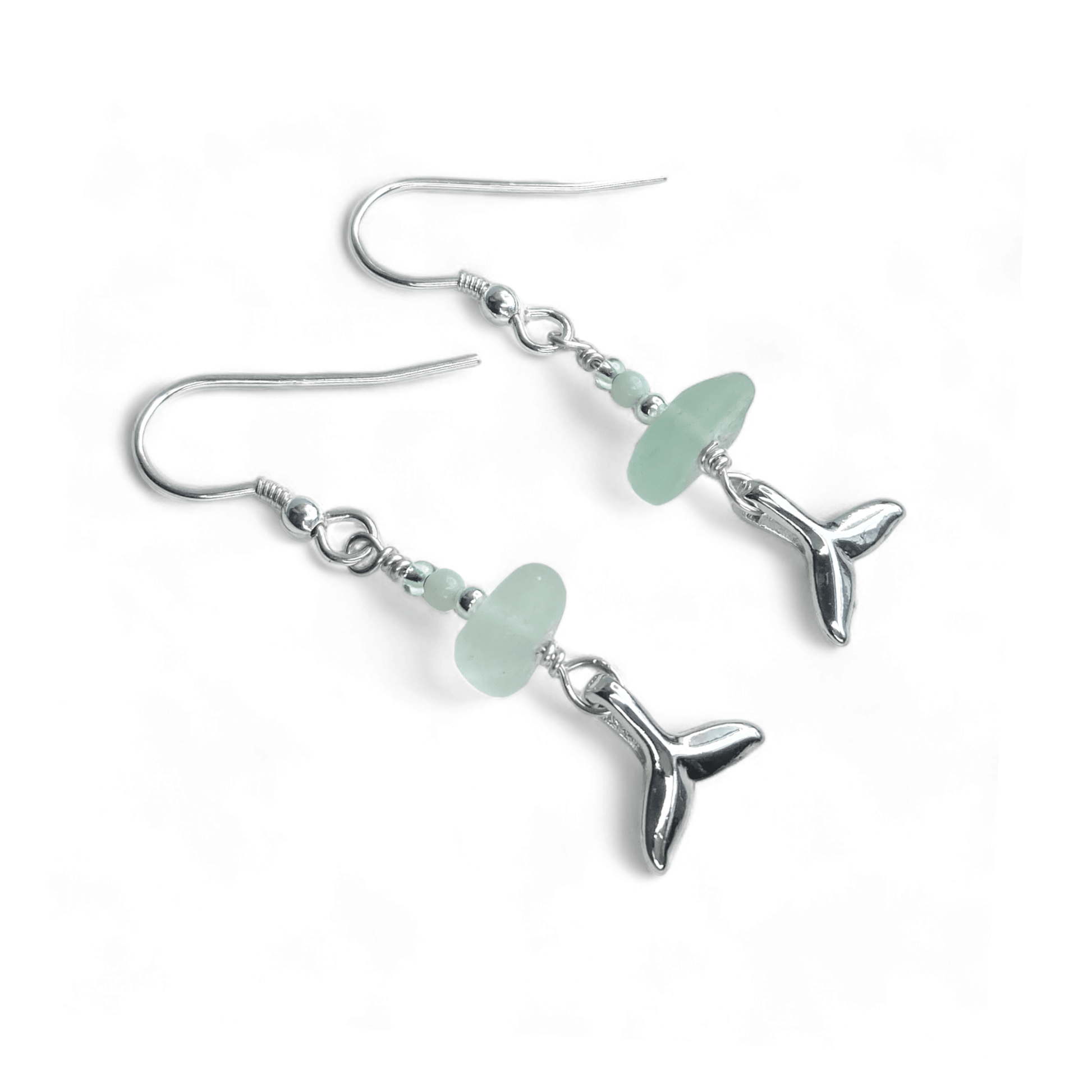 Whale Tail Earrings - Green Sea Glass and Amazonite Sterling Silver Jewellery - East Neuk Beach Crafts