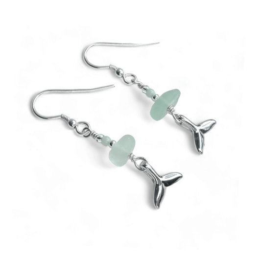 Whale Tail Earrings - Green Sea Glass and Amazonite Sterling Silver Jewellery - East Neuk Beach Crafts