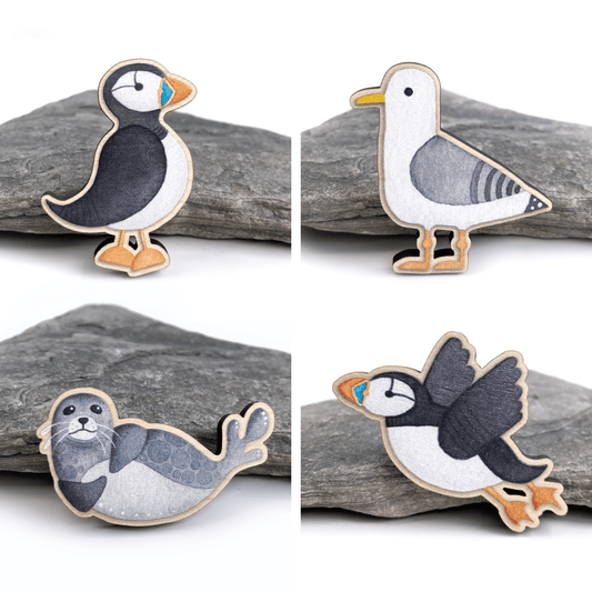 Wooden Fridge Magnet Set x4 - Seagull, Puffins and Seal - Save £4 - East Neuk Beach Crafts