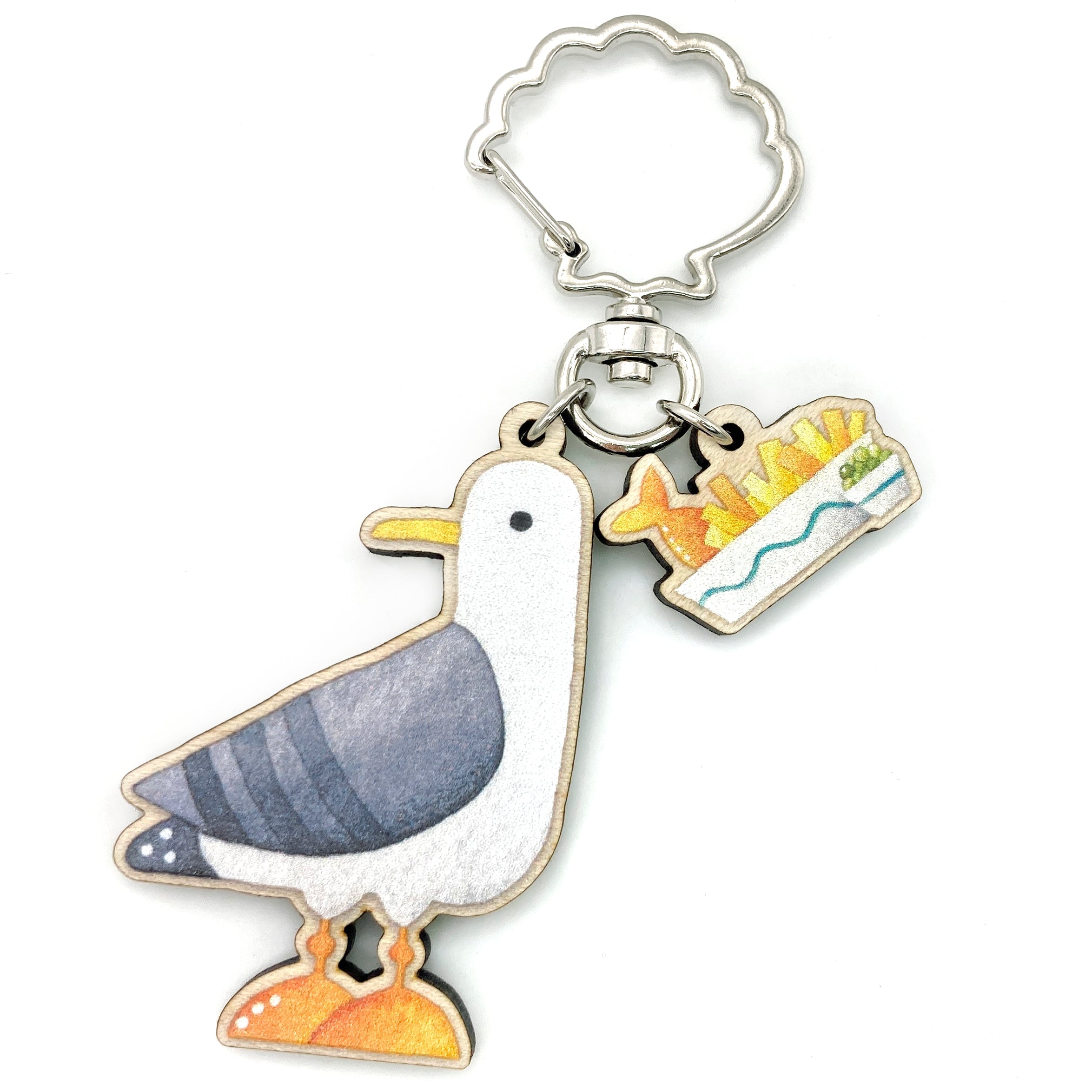 Wooden Keyring - Seagull with Fish and Chips - Maple Wood Key Chain wi ...