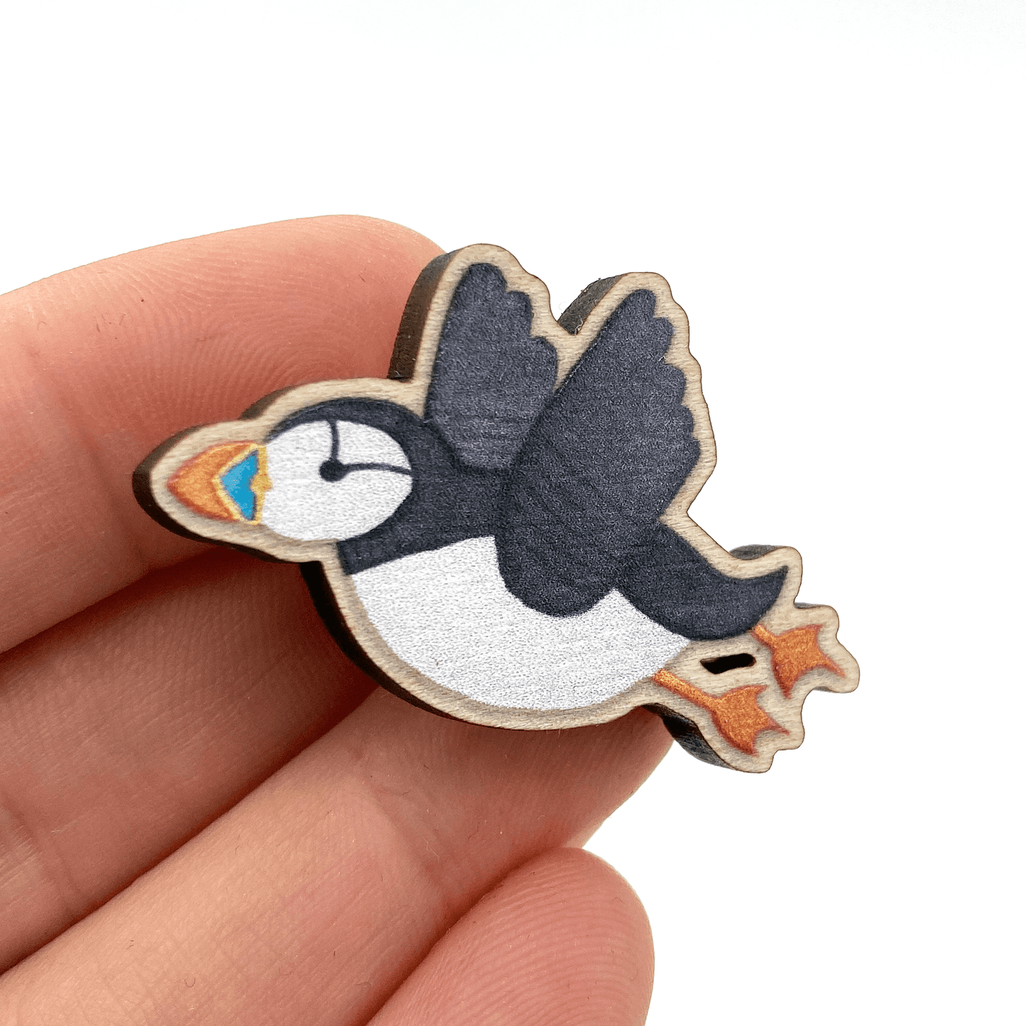 Wooden Pin Badge - Flying Puffin - Maple Wood Brooch - East Neuk Beach Crafts