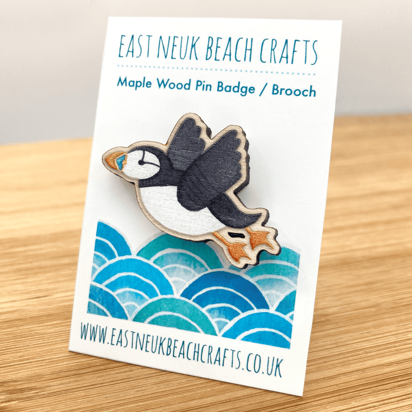 Wooden Pin Badge - Flying Puffin - Maple Wood Brooch - East Neuk Beach Crafts