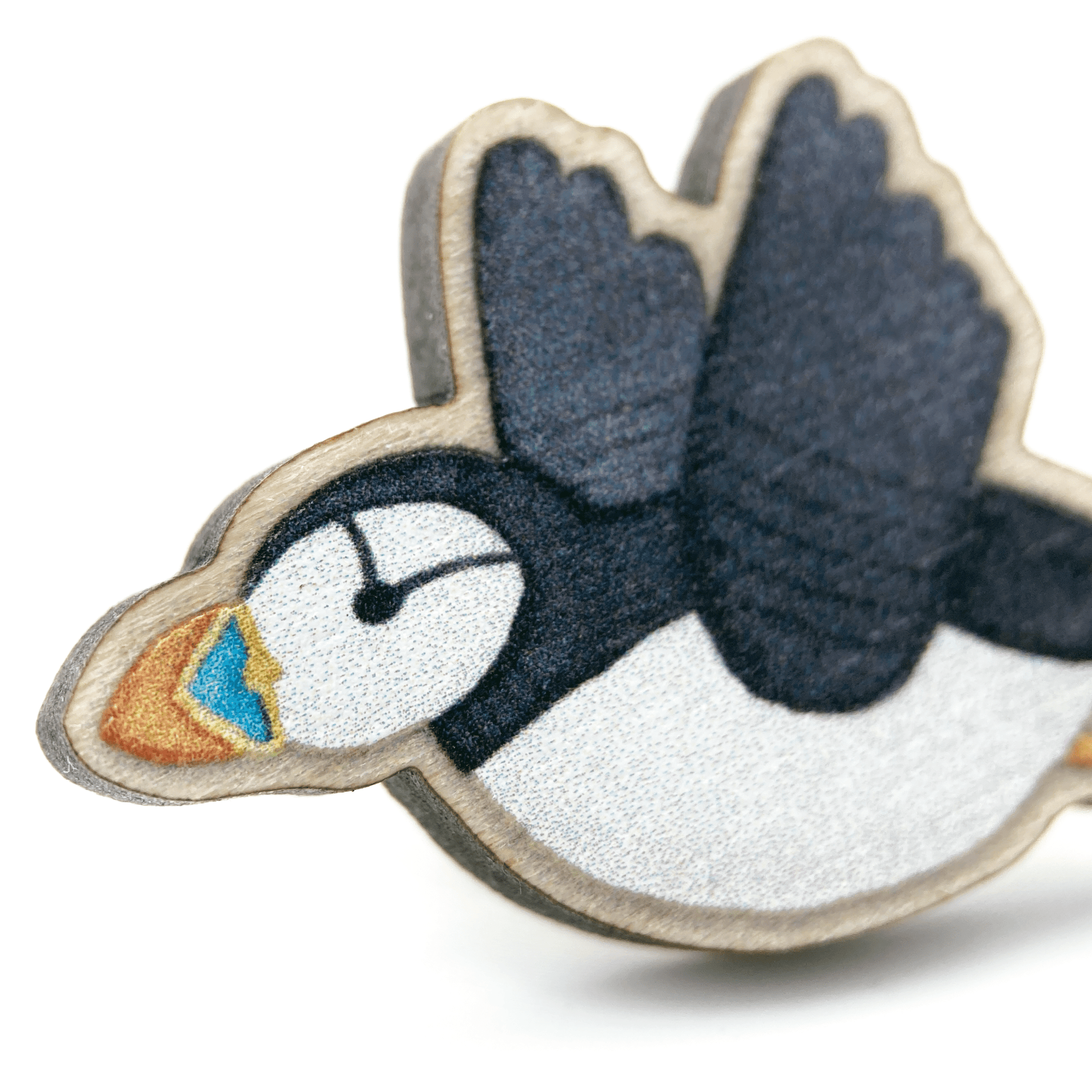 Wooden Pin Badge - Flying Puffin - Maple Wood Brooch - East Neuk Beach Crafts