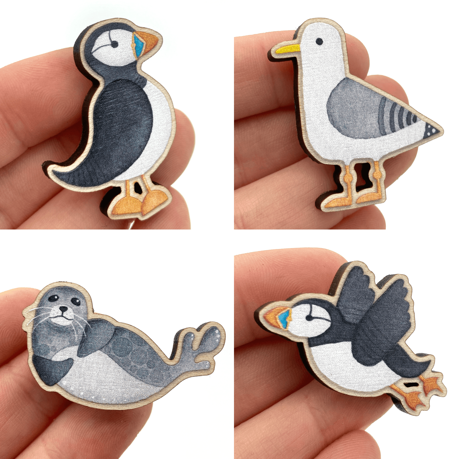 Wooden Pin Badge Set x4 - Puffins - Seal - Seagull - Brooches - Save £3 - East Neuk Beach Crafts