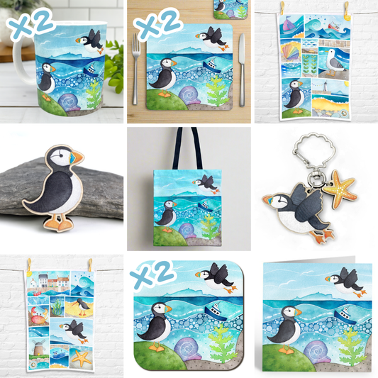 Mega Puffin Gift Bundle - Tote, Mugs, Tea Towels, Placemats, Coasters, Keyring, Fridge Magnet, Card - Save £10