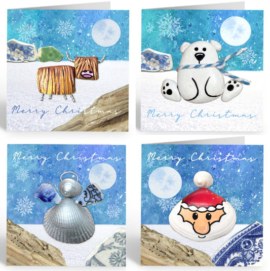 Christmas Cards (Pack of 8) - Polar Bear, Santa, Angel & Highland Cow - East Neuk Beach Crafts