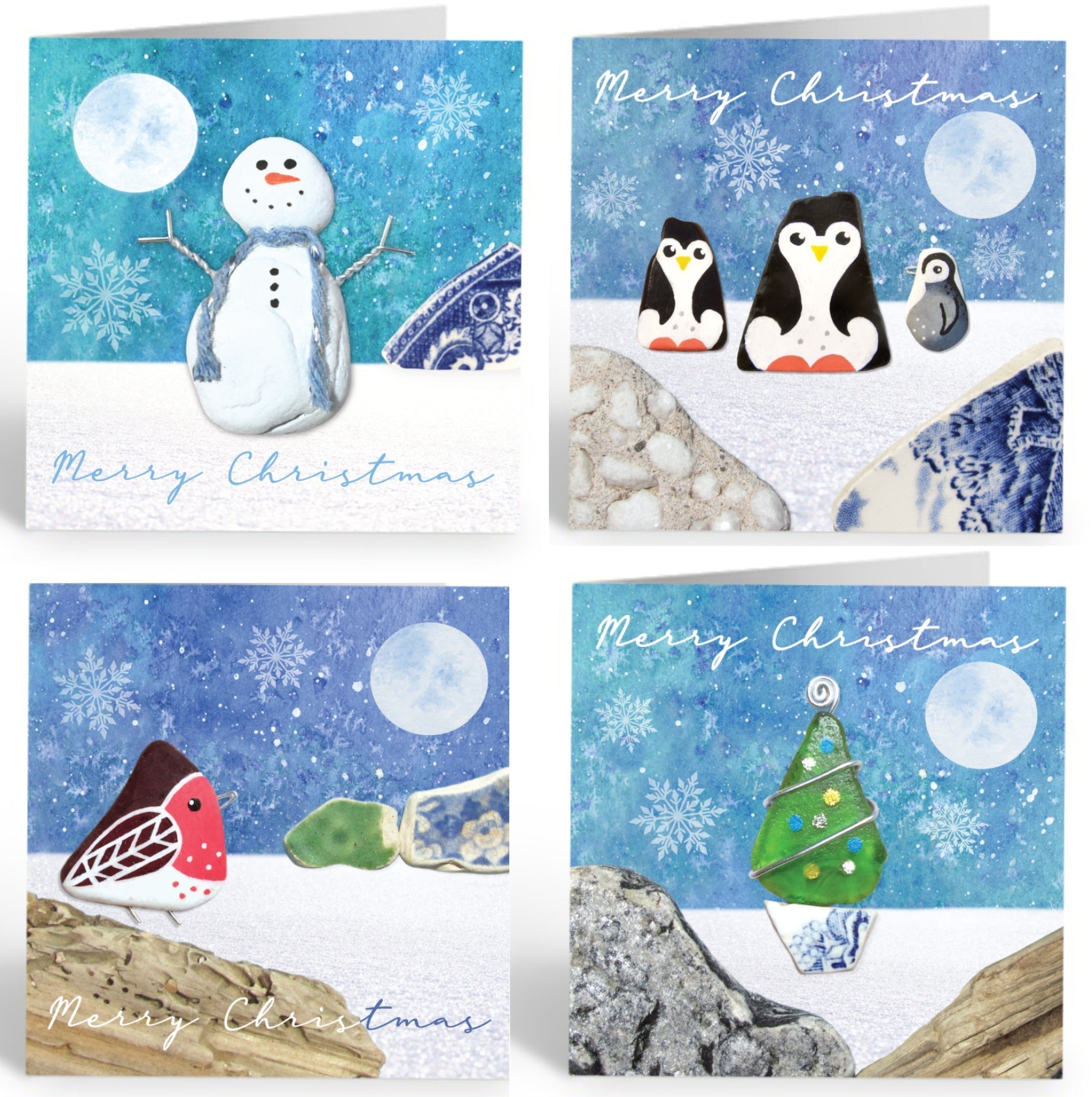 Christmas Cards (Pack of 8) - Robin, Penguin, Snowman, Christmas Tree - East Neuk Beach Crafts