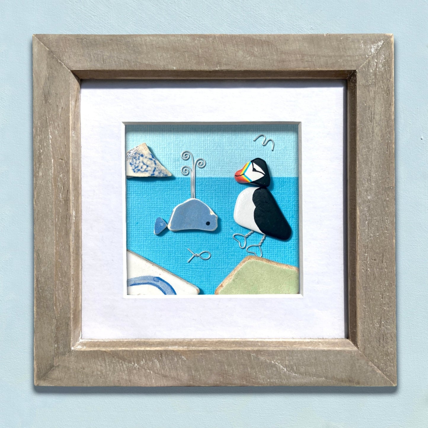 Framed Original Pebble Art - Puffin & Whale - Antique Beach Pottery Picture - East Neuk Beach Crafts