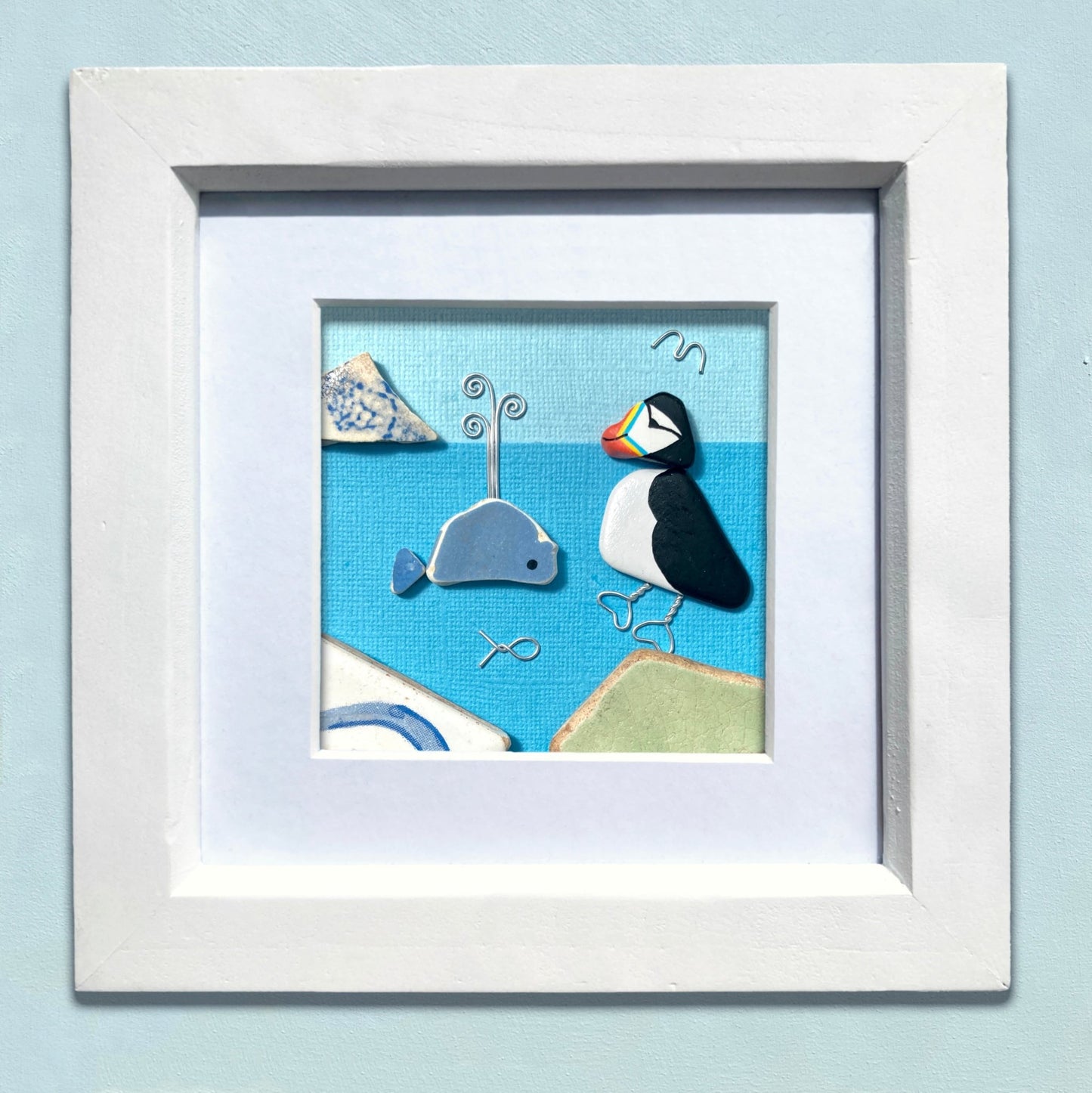 Framed Original Pebble Art - Puffin & Whale - Antique Beach Pottery Picture - East Neuk Beach Crafts