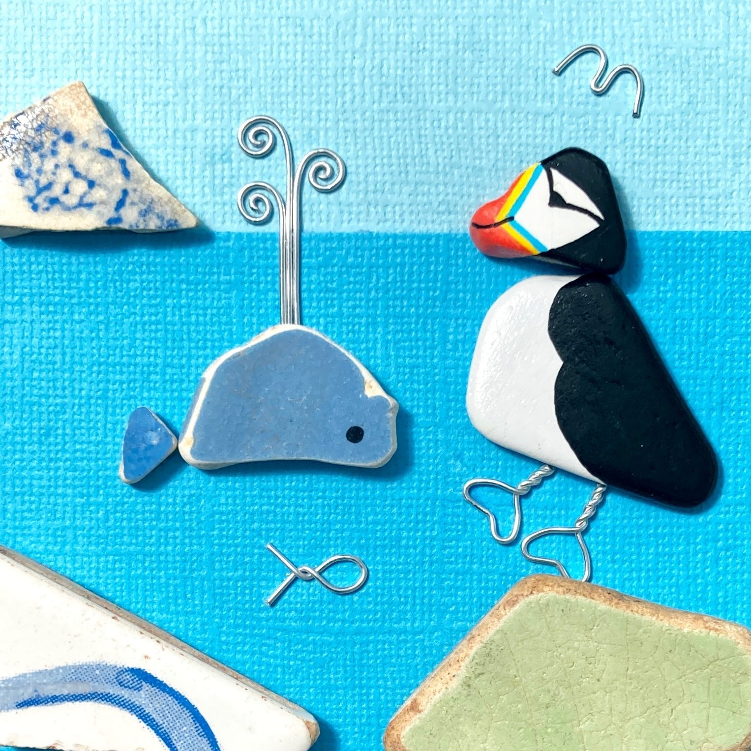 Framed Original Pebble Art - Puffin & Whale - Antique Beach Pottery Picture - East Neuk Beach Crafts