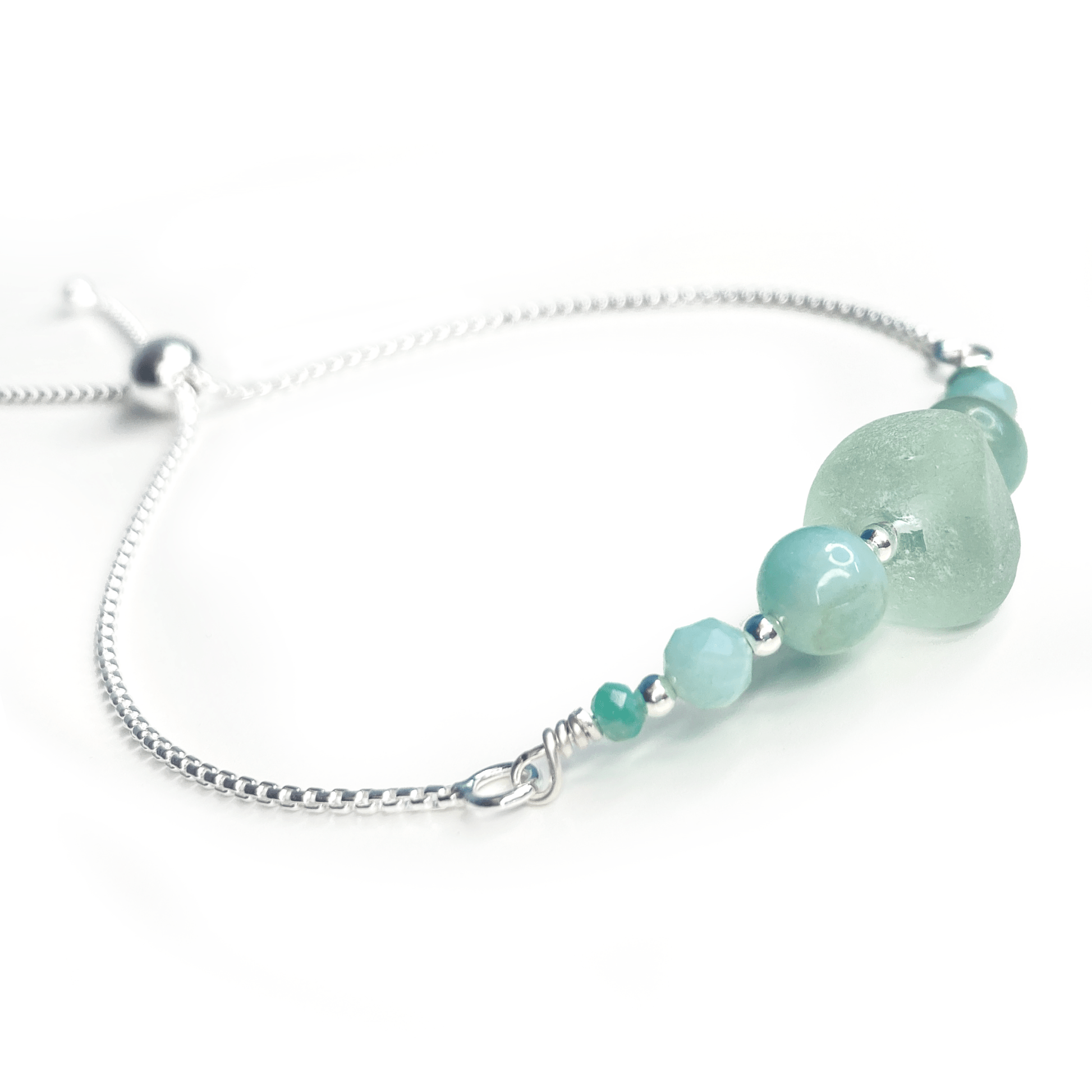 Green Sea Glass Bracelet - Sterling Silver Slider Bracelet with Amazonite Crystal Beads - East Neuk Beach Crafts