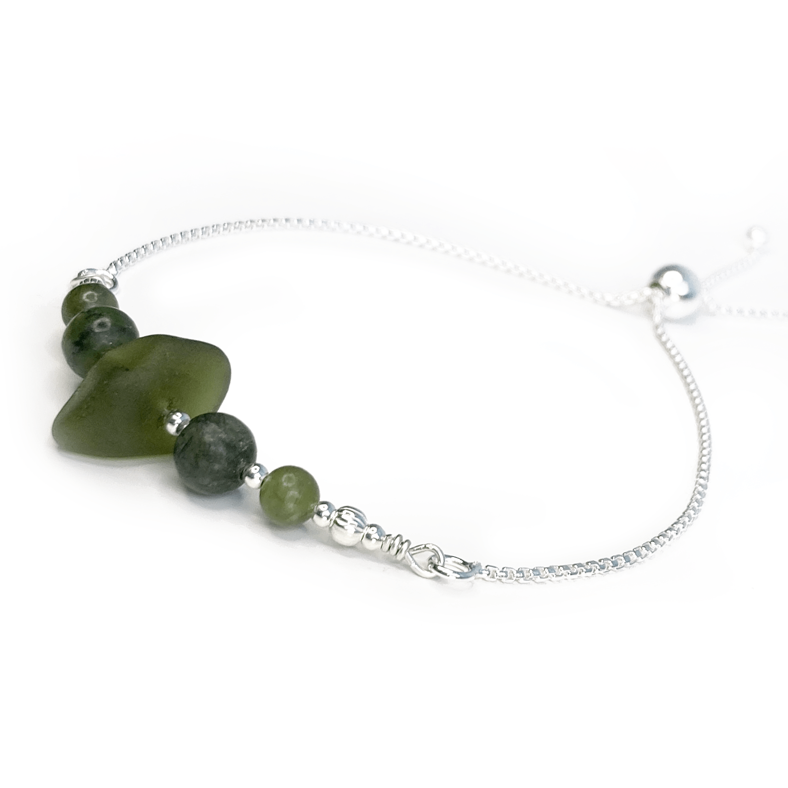 Green Sea Glass Bracelet - Sterling Silver Slider Bracelet with Jade Crystal Beads - East Neuk Beach Crafts