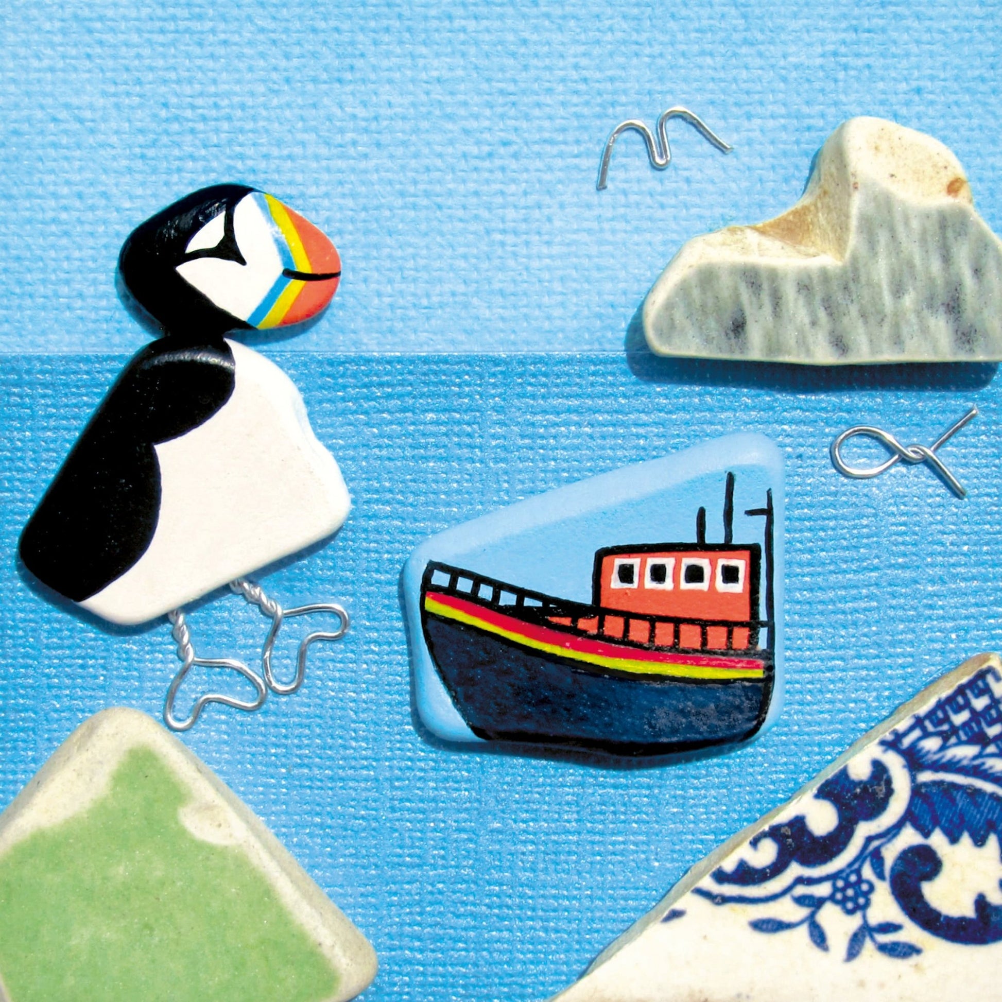 Greetings Card - Puffin and RNLI Lifeboat - Seaside Pebble Art - East Neuk Beach Crafts