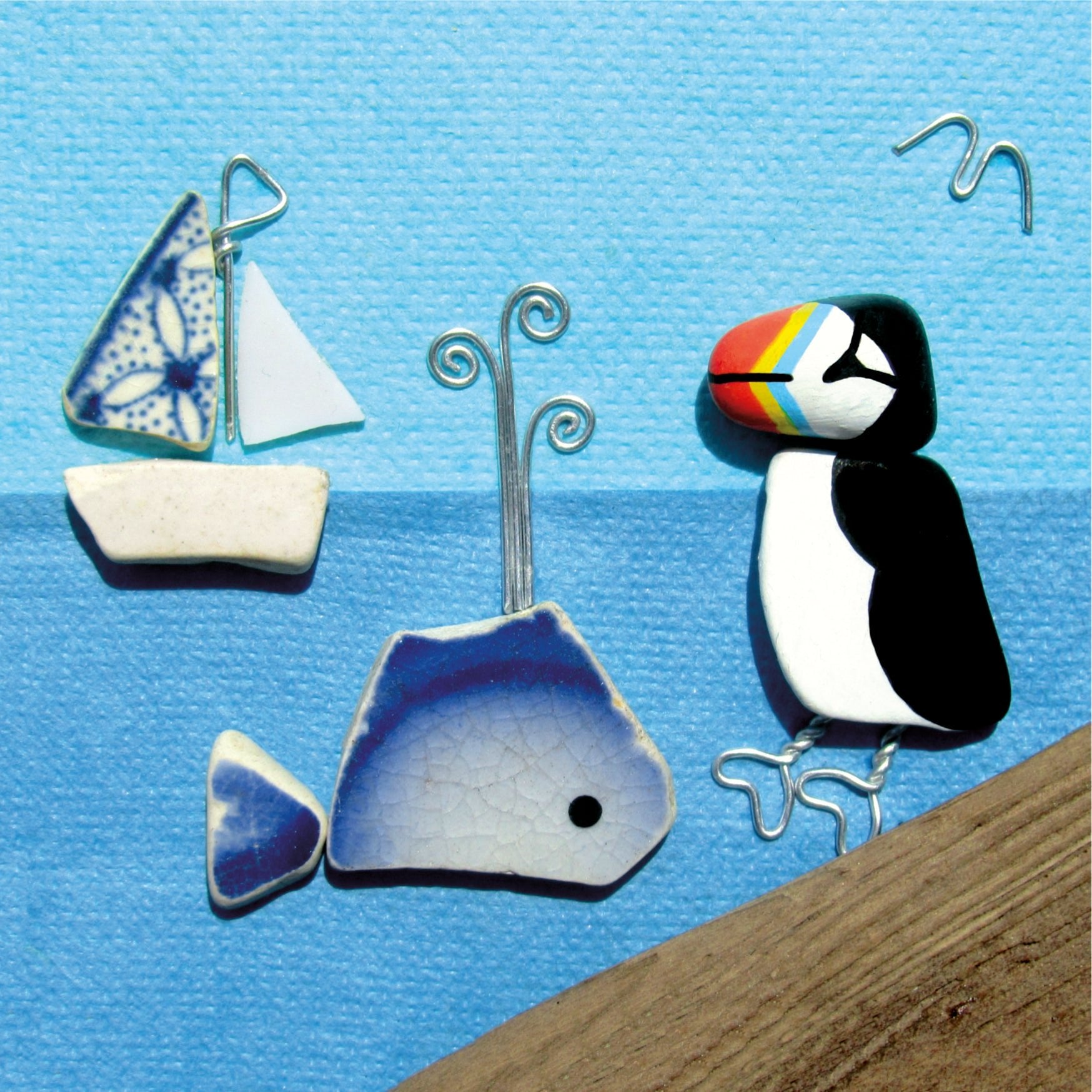 Greetings Card - Puffin, Whale and Sailing Boat - Seaside Pebble Art - East Neuk Beach Crafts