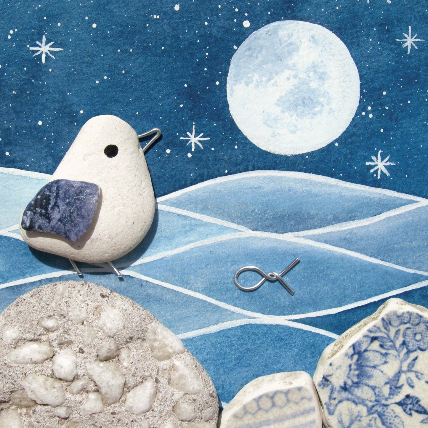 Greetings Card - Seagull by Blue Moonlight - Seaside Pebble Art - East Neuk Beach Crafts