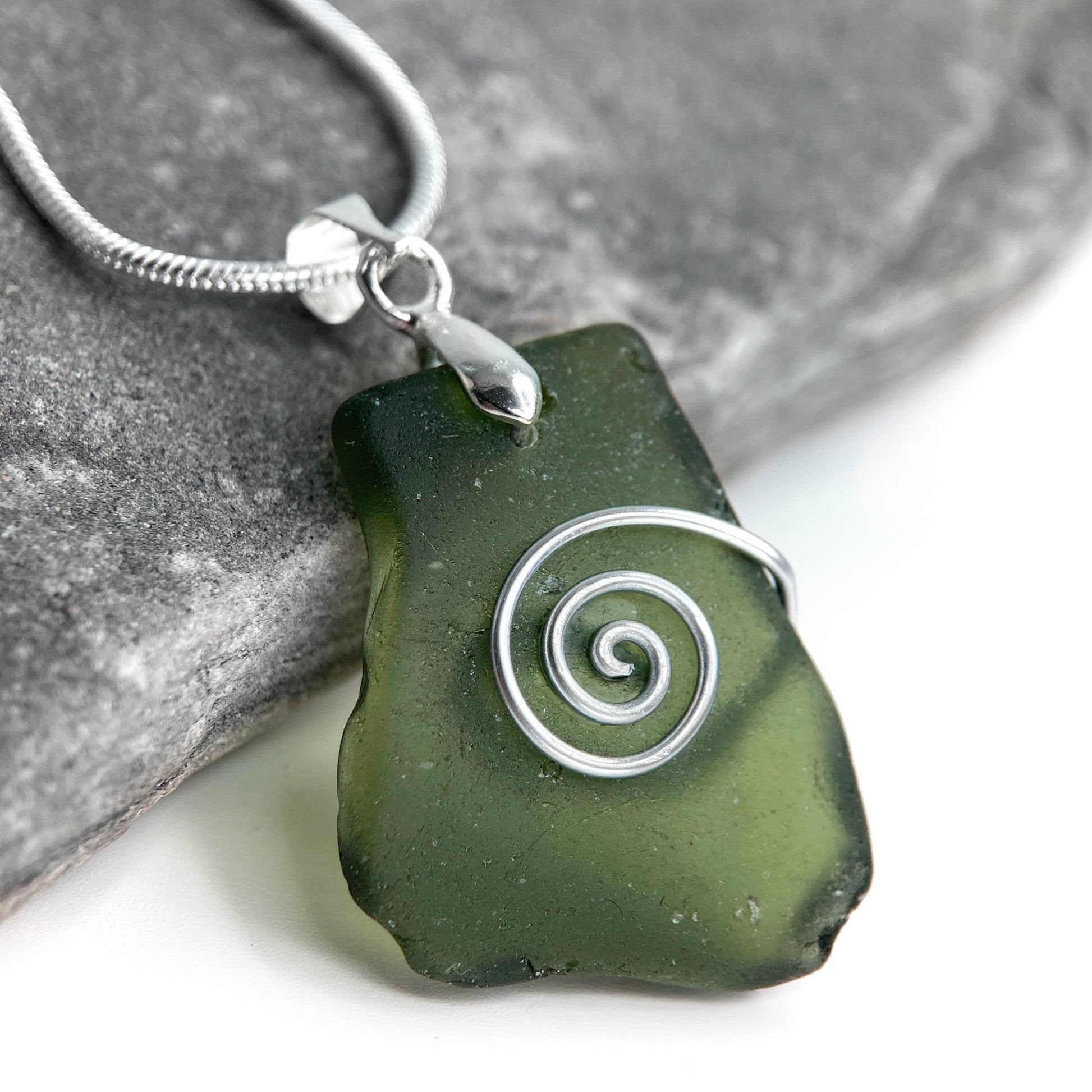 Sea Glass Pendant - Olive Green Celtic Wire Wrapped Necklace - Scottish Silver Jewellery - East Neuk Beach Crafts